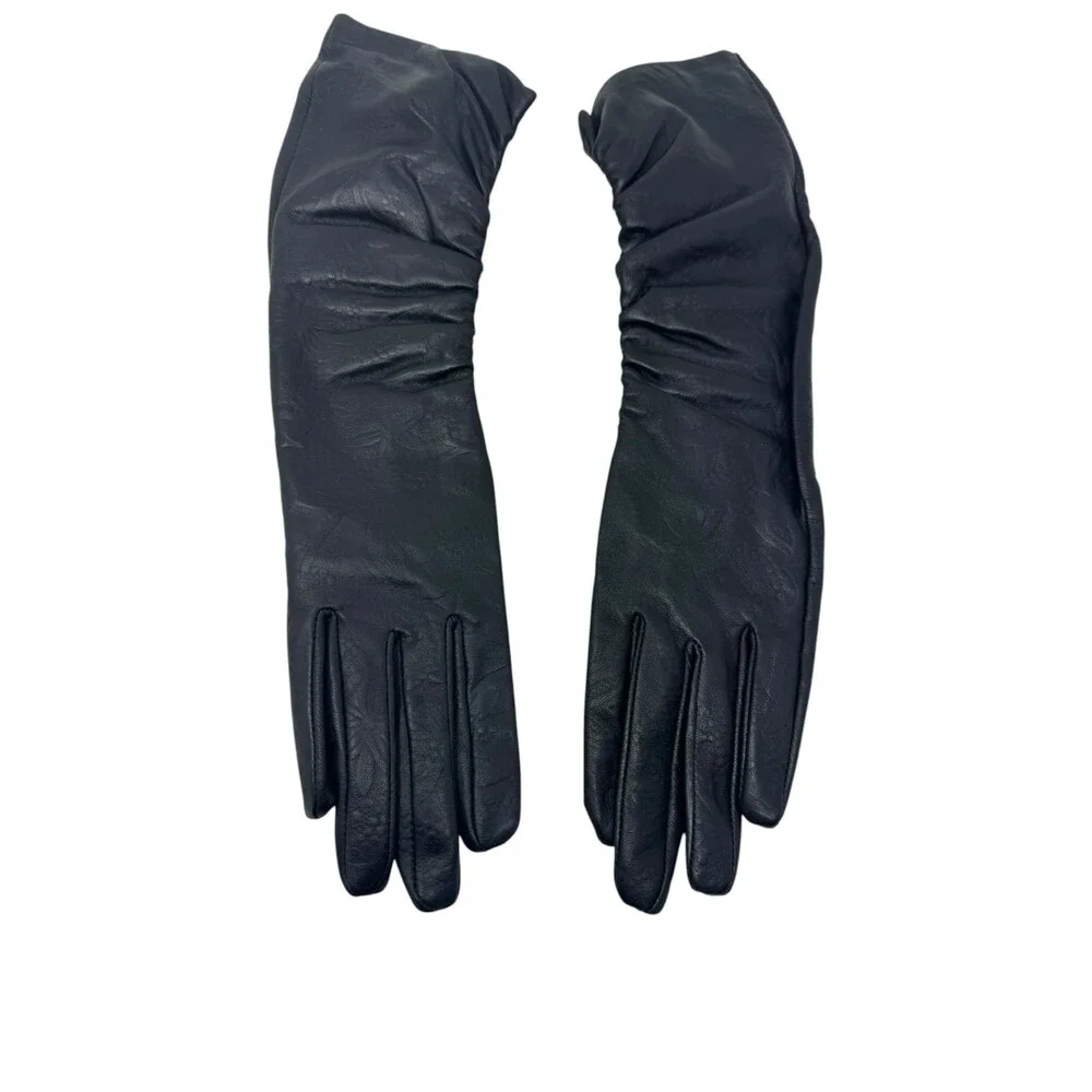 Adolfo Dominguez Black Ruched Leather Long Gloves womens Size 7½
